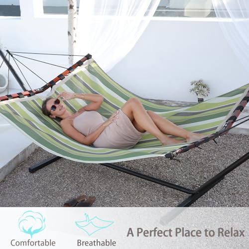 TegerDeger 12FT 2 Person Hammock V Shaped Spreader Bar -Tender Green Stripe - color: Tender Green Stripes