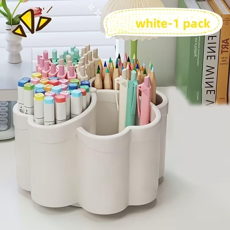 Pen Holder Desk Organizer,360°Rotating Pencil Pen Holder,Large Capacity Desk Storage for Office Home Supplies,White - color: white
