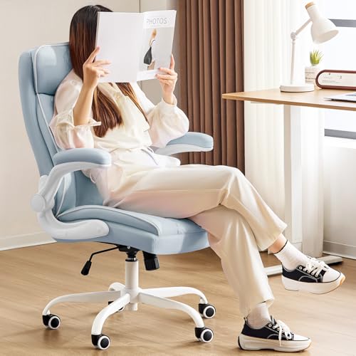 Executive Office Chair with High Back, Computer Desk Chair with Lumbar Support,Comfortable Leather Home Office Chairs 400lbs with Padded Flip-up Armrests, Adjustable Height,Tilting, LightBlue - color: Blue