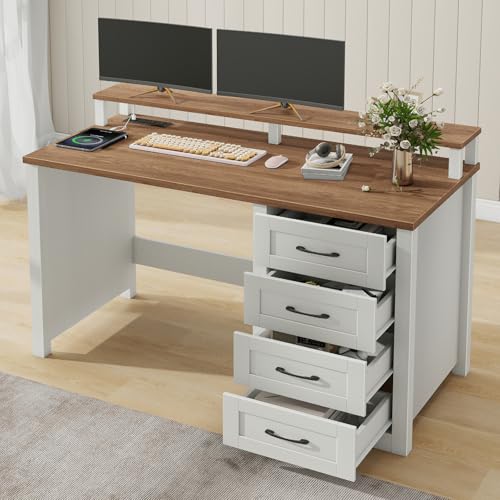 Vabches 47" Farmhouse Executive Desk with 4 Drawers,LED Lights,Unique White - color: Unique White, size: 4 Drawers & Monitor Stand