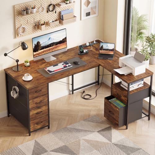 55 Inch L Shaped Office Desk with 6 Drawers & Type-C Port, Rustic Brown - color: Rustic Brown, size: 55 Inch