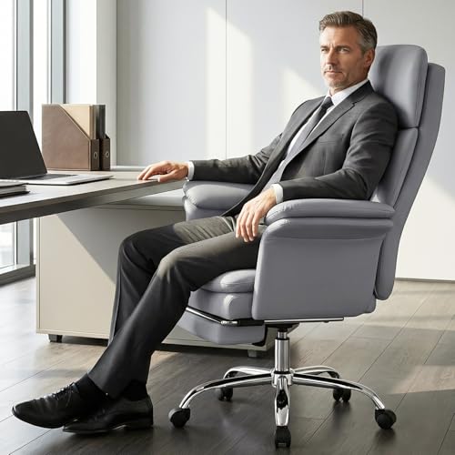 Comfortable Home Office Chair with Footrest 400lbs, Premium PU Leather Office Chair with High Back Adjustable Lumbar Support Double-Layered Armrests,Reclining Chairs,Gray - color: Grey