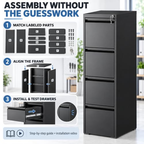 4 Drawer Vertical Filing Cabinet with Lock for Home Office, Black - color: Black, size: 4-Drawer