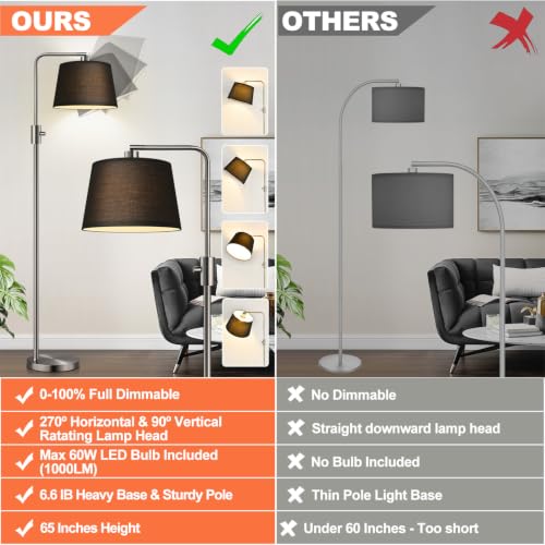 Nintiue 【Upgraded】 Dimmable Floor Lamp, 1000 Lumens LED Edison Bulb Included, Brushed Nickel Arc Floor Lamps Modern Standing Lamp with Black Shade, Tall Lamps for Living Room Bedroom - color: Brushed Nickel-Black Shade