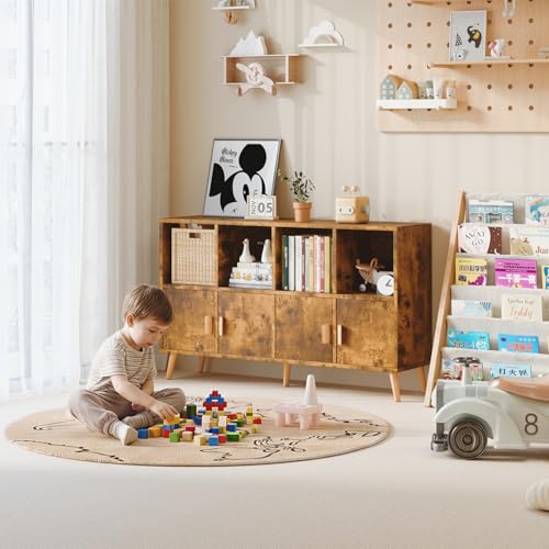 8-Cube Storage Organizer with Doors & 5 Solid Wood Legs, Mid-Century Modern Bookshelf with Seamless Top, Horizontal Cubby Toy Storage for Kids, Sideboard Media Console fits 11" Bins, Rustic Brown - color: Rustic Brown, size: 8-Cube with Door