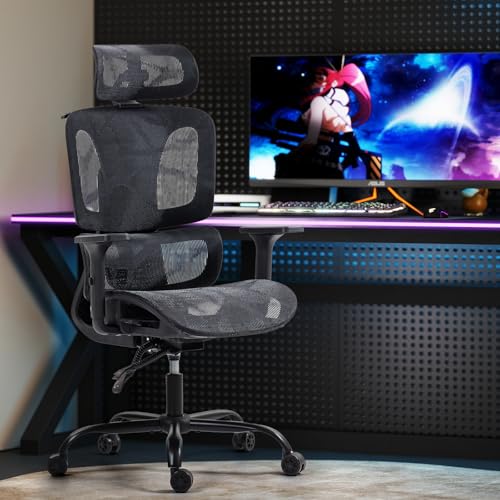 Black Ergonomic Mesh High Back Office Chair | Lumbar Support, Adjustable Headrest, 3D Armrests, Reclining, Breathable Mesh, Sturdy Base, 360° Swivel, for Office, Gaming - color: Black, style: Upgrade w/o footrest