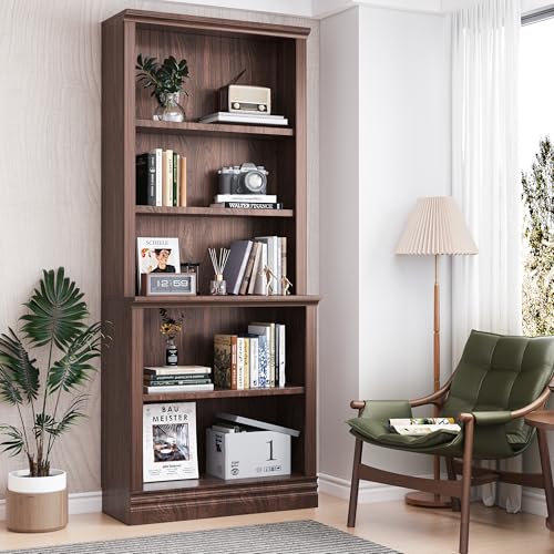 72 in Tall Bookcase, Dark Cherry 31.3 in Wide Floor Standing Bookshelf, 5 Tier Large Floor Standing Display Storage Shelves with Adjustable Shelves for Living Room Hallway Home Office Bedroom - color: Dark Cherry, size: 72in-5Shelf-MultiDepth