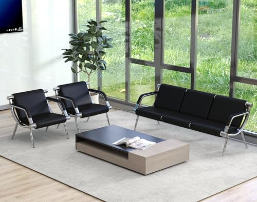 Kinsuite 5-seat Waiting Room Chairs - 3pcs Office Reception Chairs for Salon Barber Bench Airport Bank Hall PU Leather, Black - size: 1-seat*2+3-seat