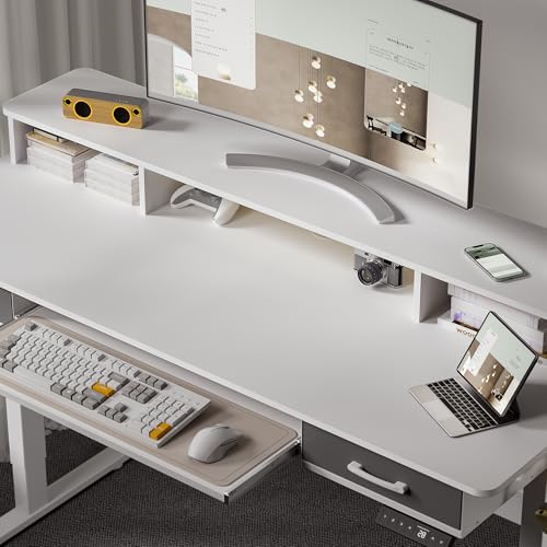 WALKINGDESK 63 Inches Electric Standing Desk with Keyboard Tray, Height Adjustable Sit to Stand Table with 2 Drawers, Ergonomic Home Office Desk with Storage Shelf, Computer Table, White - color: White, size: 63x24