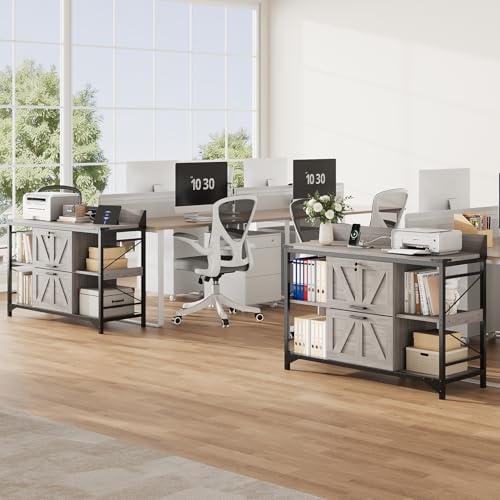 44" File Cabinet, Lateral Filing Cabinet for Home Office with 2 Drawers, Office Storage Cabinet with Lock and Key, Wooden Printer Stand with 4 Storage Shelves and Power Outlets, Office Furniture, Grey - color: Grey