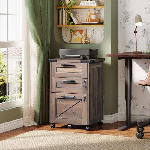 DEVAISE 3 Drawer Under Desk File Cabinet with Lock, Dark Brown | Farmhouse Style, Mobile Drawer Storage Cabinet, Rolling Printer Stand, Fits A4 or Letter-Size, Home Office - color: Dark Brown, style: 3 Drawer