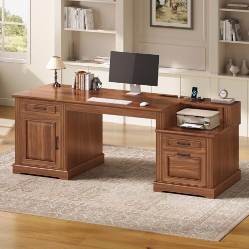 SEDETA Farmhouse Executive Desk, 62'' Home Office Desk with File Drawers, 3Drawer and Storage Cabinet, Computer Desk with Power Outlet for Home Office, Work Study Writing, Walnut - color: Walnut