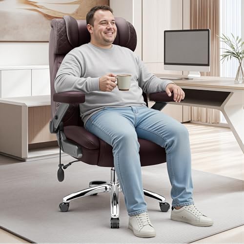 Big and Tall Office Chair for Heavy People, 500LBS Wide Seat Computer Desk Chair, Extra Large Executive Gaming Chair with Adjustable Lumbar Support and 5D Flip Arms, Comfy Heavy Duty Office Chair - color: Coffee
