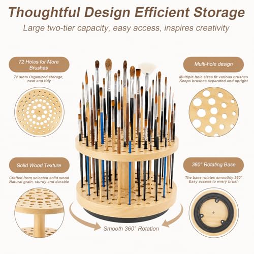 72 Hole 360° Rotating Hardwood Paint Brush Holder Organizer - color: Yellow(72 Holes)