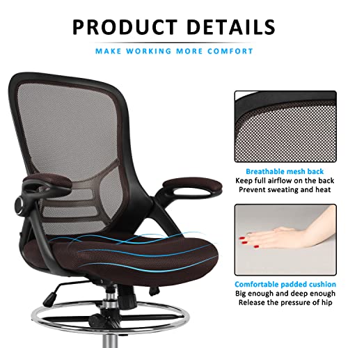 HYLONE Drafting Chair, Tall Office Chair Standing Desk Chair Brown Mesh High-Back Drafting Stool with Flip-Up Arms, Adjustable Foot Ring, Brown - color: Brown