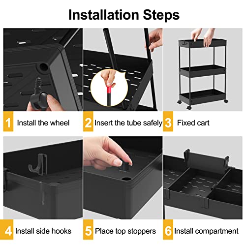 SPACELEAD 3 Tier Rolling Cart with Wheels, Storage Craft Art Trolley Organizer Serving, 3 Hanging Baskets Easy Assembly, for Office, Bathroom,Living Room, Kitchen, Black - color: Black