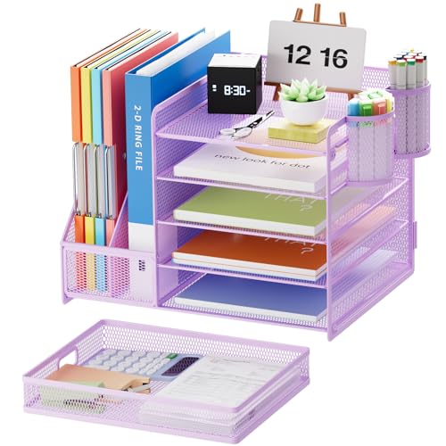 Marbrasse Desk Organizer with File Holder, 5-Tier Paper Letter Tray Organizer with Drawer and 2 Pen Holder, Mesh Desktop Organizer and Storage with Magazine Holder for Office Supplies(Purple) - color: Purple