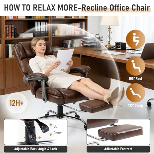 500 lbs Office Chair with Foot Rest, Reclining Executive Chair Brown | Big & Tall Computer Desk Chair, PU Ergonomic Lumbar Support, Thicker Pocket Spring Cushion, High Back - color: Brown