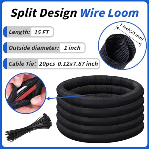 15ft - 1in Split Braided Sleeve Cable Management, Self-Wrapping | Flexible loom tubing protects wires from abrasion and heat. Great for automotive, TV, computer, and home electrical use. - size: 1inx15ft