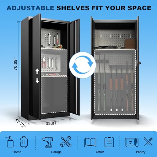 70.08" Tall Black Metal Garage Storage Cabinet with Digital Keypad, Adjustable Shelves,Hooks, Metal Cabinet with Rust Resistant, Locking Storage Cabinet with Doors and Shelves for Home, Office, Garage