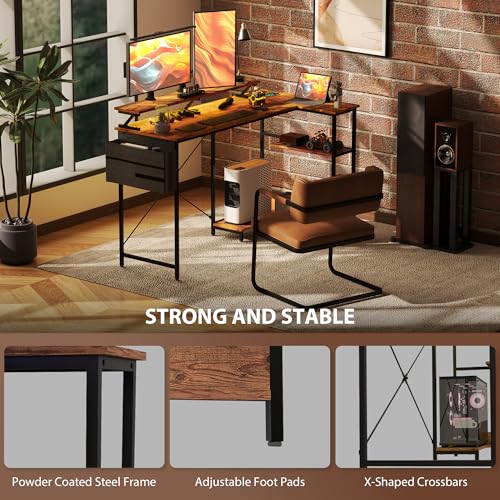 HOMCOM 58" L Shaped Gaming Desk with Power Outlets Reversible Rustic Brown | LED Lights, Computer Desk with Monitor Stand, Fabric Storage Bag, Cable Management, for Home Office