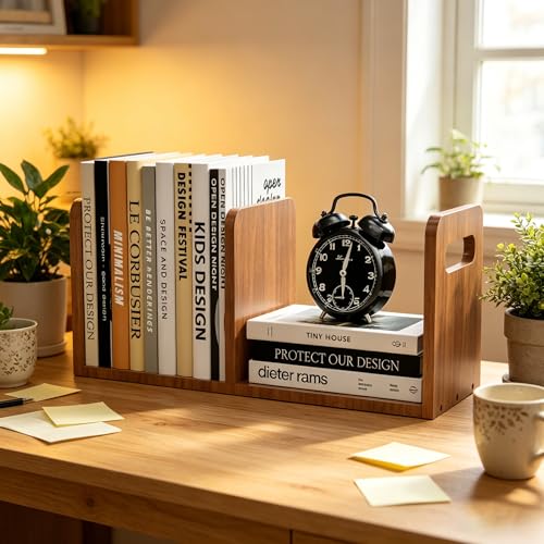 100% Solid Wood Adjustable Desktop Bookshelf With Movable Divider, Retro Tabletop Bookshelf With Convenient Handle Design for Living Room, Home, Office, Perfect for Magazines, Books, Files (Brown) - color: Brown