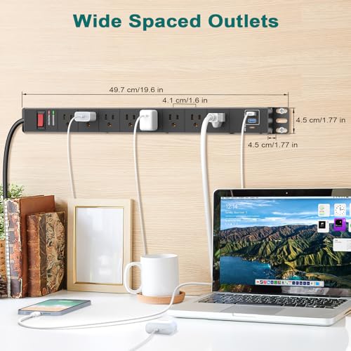 QBA 8 Outlet Metal Power Strip with USB C PD 20W, Heavy Duty Wide Spaced Outlets, Wall Mount for Home Office Garage Workshop, 6ft Cord, Black