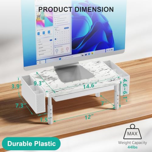WALI Computer Monitor Stand with Storage and Pen Holder | 3 Height Adjustable Desk Organizer with Drawer, Desk Laptop Monitor Riser for Computer, Printer(PTT003-M), 1 Pack, Marble - color: Marble, size: 14.6"L * 9.3"W,11" 1 Drawer, 2 Pen Holder