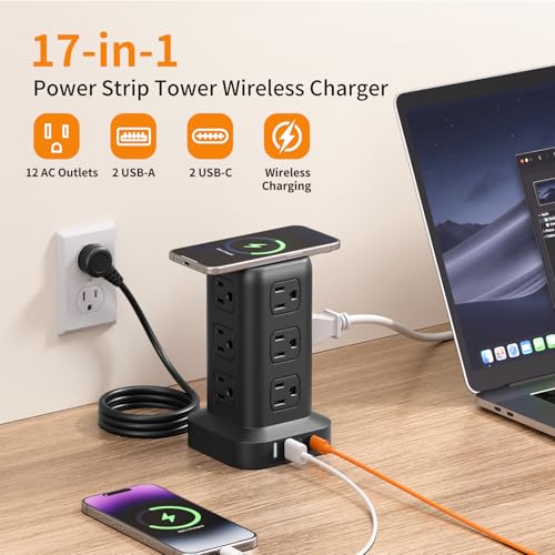 Extension Cord with Multiple Outlets, SMALLRT Power Strip Tower, Outlet Extender with 12 AC Outlets 4 USB, 6.5FT Extension Cord for Home Dorm Room, Office Supplies, Overload Protection - color: Black, size: 6.5 Ft with wireless charging