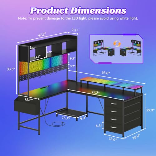 L Shaped Desk with Hutch and Drawers, Gaming Desk with LED Lights & Outlets | Computer Desk with 4 Drawers and Monitor Stand, Corner Desk with Pegboard for Home Office & Gaming, Black