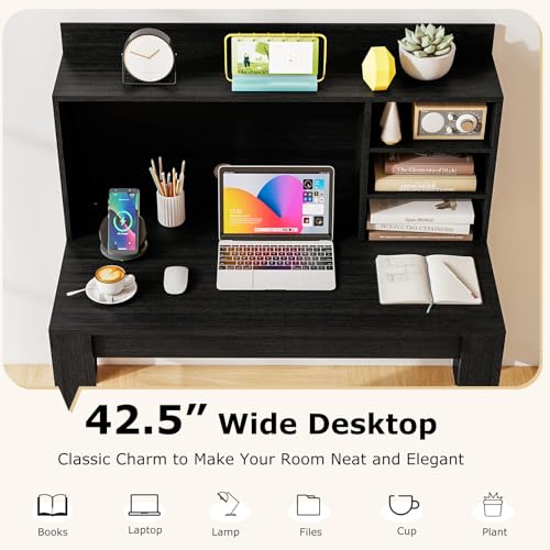 Tangkula Computer Desk with Hutch & Charging Station, Home Office Writing Study Desk with Storage Shelves, Cable Management Hole, Laptop Desk, Desk for Bedroom, Computer Workstation (Black) - color: Black