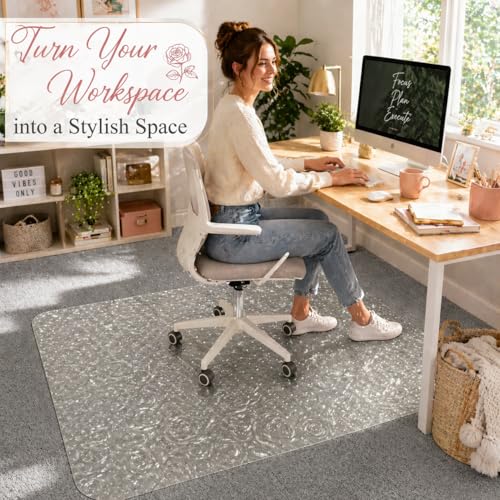 36" x 48" Rose Pattern Office Chair Mat, Clear Carpet Floor Protector - size: 36"x 48" with Rose Pattern