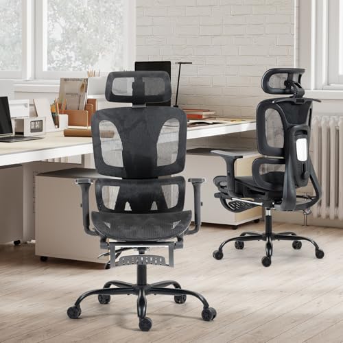 Black Ergonomic High Back Mesh Office Chair with Footrest | Adjustable Lumbar Support, Headrest, 360° Swivel, Reclining, Rolling Casters, Sturdy Base, for Home Office & Gaming - color: Black, style: Upgrade w/ footrest