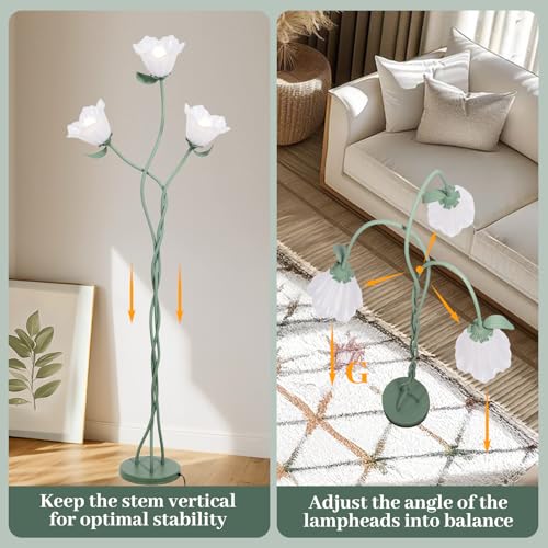 Vintage 3 Heads Flower Floor Lamp with Adjustable Gooseneck Corner Standing Tall Floor Lamp 3 Color Modes for Living Room Bedroom Reading Decoration Vine Floral Lamp with Lily of The Valley
