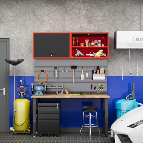 Fesbos Metal Storage Cabinet Black Red Wall Cabinets with Shelf and Locking Door - Wall Mounted Storage Cabinet for Garage Warehouse Home Office - Assembly Required - color: Black&red, size: 15.7"D x 31.5"W x 21.6"H
