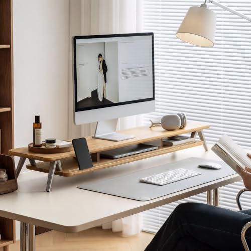 Fenge Dual Monitor Stand Riser, Wooden Desk Shelf with 2-Tier Storage - color: Dark Oak, size: 42.5 Inch