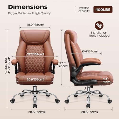 Office Chair, Ergonomic High Back Home Office Desk Chair, Big and Tall Breathable Leather Office Chair with Lumbar Support Flip-Up Armrests, Computer Gaming Chair with Rocking Function - color: Brown, style: Without Footrest