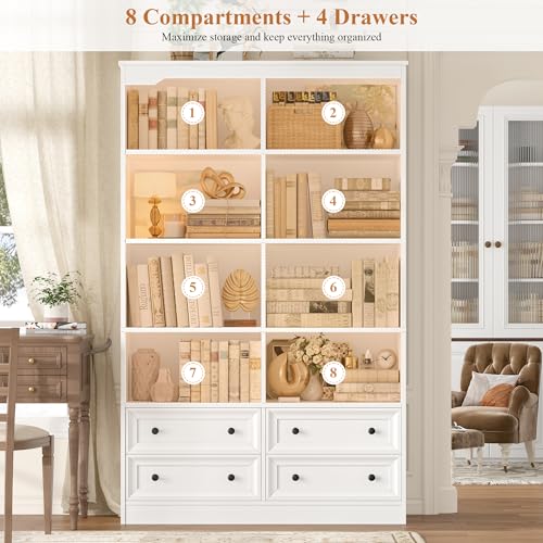 71" Tall Bookshelf with 4 Drawers White Bookshelf Office Bookcase | 6-Tier Double Wide Bookshelves and Bookcases with Storage, White Bookshelf Standing Book Cabinet for Home Office, White - color: White