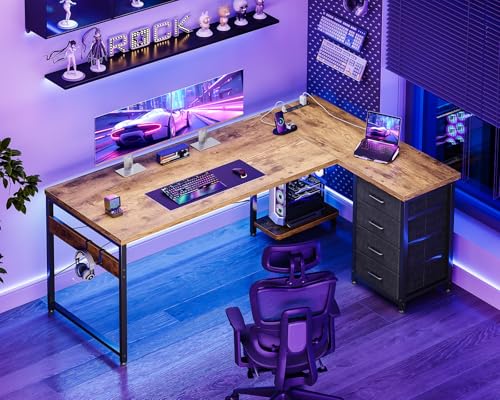 AODK 61" L Shaped Gaming Desk with 4 Drawers and Power Outlets, Vintage | USB Ports, PC Tower Stand, Hooks, Reversible Corner Layout for Gaming Rooms, Bedrooms and Home Office - color: Vintage, size: 61 Inch