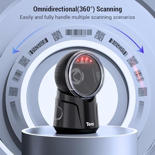 Tera Barcode Scanner Desktop Omnidirectional: 2D USB Adjustable Head 9000 | 360° Scan, Handsfree, Plug & Play, Read 1D 2D QR Screen Paper Codes, Continuous Sensor Modes, Inventory Retail Payment School
