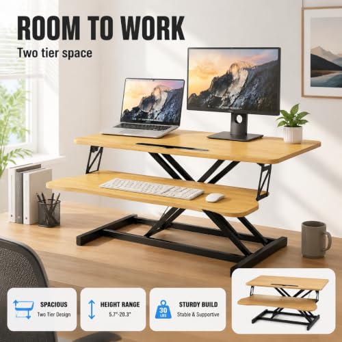 32" Height Adjustable Sit Stand Desk Converter, Dual Monitor Laptop Riser, Black (Desk Converter (Natural)) - color: Desk Converter (Natural)