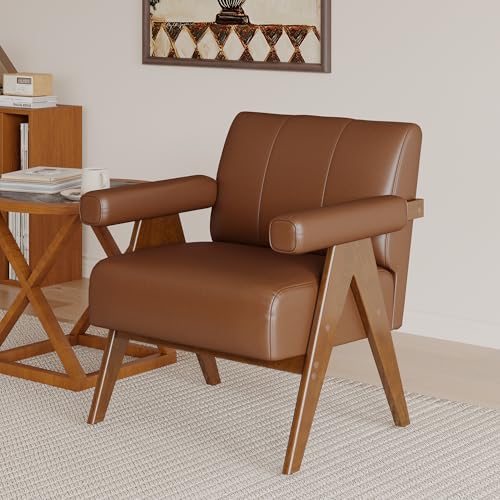 JIASTING Mid Century Modern Accent Chair Set of 2, Brown Leather Armchair | JIASTING, Small, Comfy, Wood Arms, Living Room Bedroom, Office - color: Brown