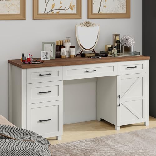 Vabches Farmhouse 61'' Rustic Office Desk with 5 Drawers(Unique White) - color: Unique White, size: 61"W