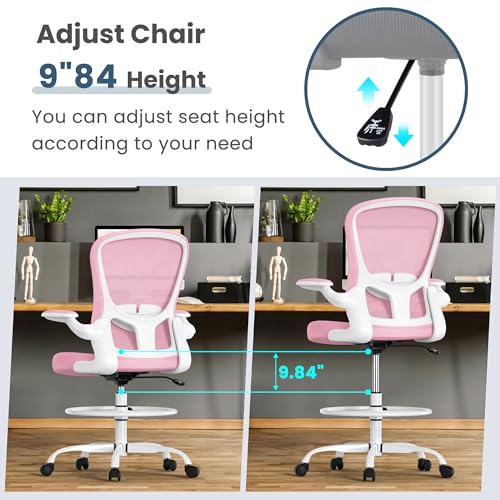 Drafting Chair, Tall Office Chair with Flip-up Armrests Executive Ergonomic Computer Standing Desk Chair, Office Drafting Chair with Lumbar Support and Adjustable Footrest Ring - color: Pink&white