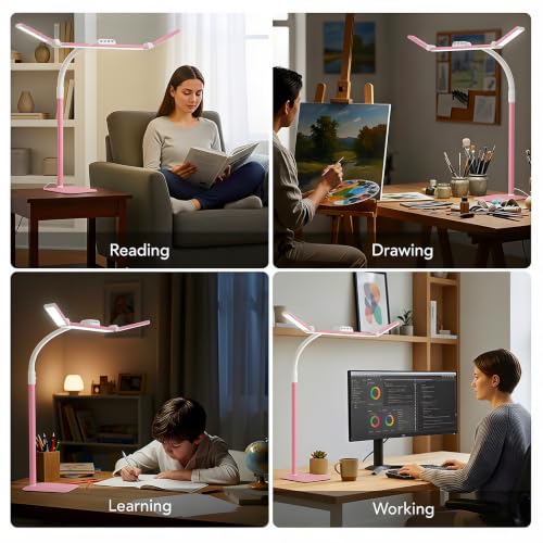 LED Desk Lamp for Home Office with Base, 28.2" Adjustable Gooseneck Swing Arm Bright Desk Light, Dimmable Architect Table Lamp for Desktop Computer Light, Reading, Study, Workbench(Pink) - color: Pink