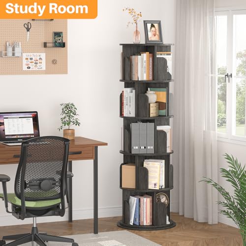 Aheaplus 5 Tier Wood Rotating Bookshelf, 360° Spinning Book Shelf Tower - color: Black Oak, size: 5-Tier