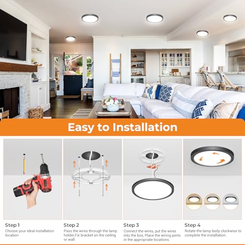 slochi 3Pack LED Flush Mount Ceiling Light Fixture, 9 Inch Light Fixture, 3000K-4000K-6500K Round Flat Bedroom Lights, Closet Round Surface for Bathroom Laundry Bedroom Hallway - color: Black, size: 9Inch-3Pack