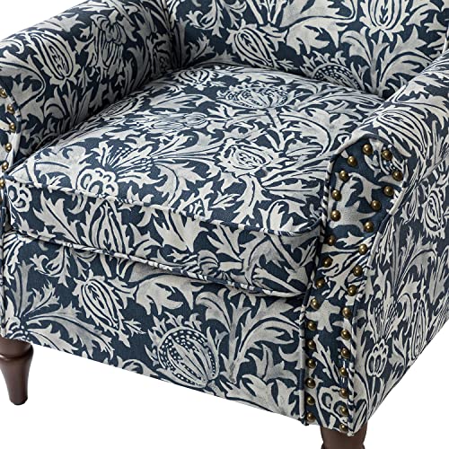 HULALA HOME Traditional Floral Accent Chair with Solid Wood Legs, Navy | Comfy Upholstered Armchair Reading Chair with Rolled Armrests, Nailhead Trim, Removable Cushion, for Living Room Bedroom - color: Navy