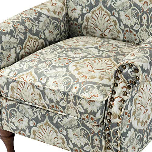 HULALA HOME Traditional Floral Accent Chair with Solid Wood Legs, Pine | Comfy Upholstered Armchair Reading Chair with Rolled Armrests, Nailhead Trim, Removable Cushion, for Living Room Bedroom - color: Pine