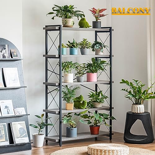 HCHQHS Bookshelf, 5-Tier Industrial Bookcase, Rustic Open Book Shelf, Freestanding Tall Bookshelves with Metal Frame - color: Grey, size: 5-Tier (35.8"W x 65.7"H)